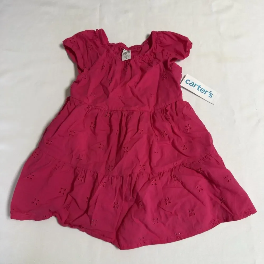 Carter's Toddler Girls Eyelet Tiered Dress Size 3T Pink Cotton Flutter Sleeves